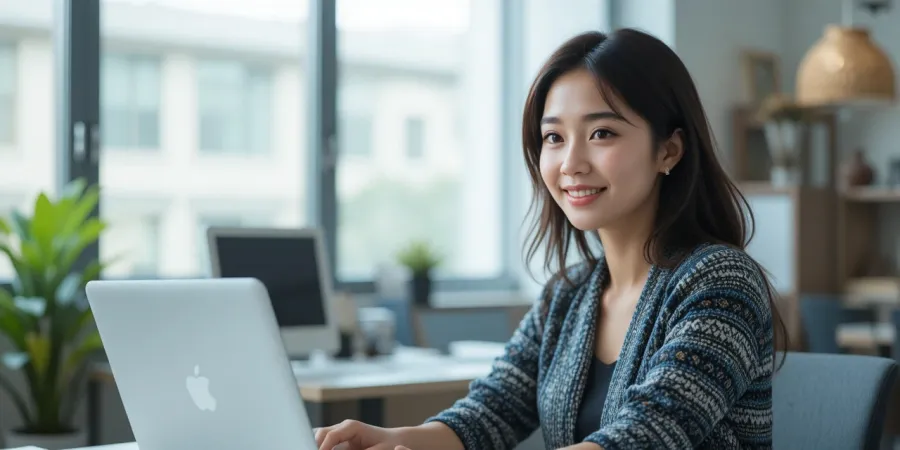 노트북으로 온라인 교육 이수를 완료하고 미소 짓는 모습