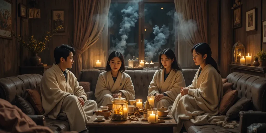 전기가 없이도 가족이 따뜻하게 지내는 모습