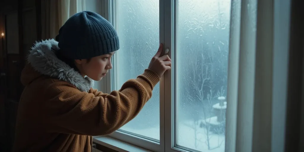 창문 틈새를 막으며 단열하는 모습