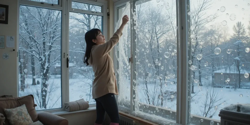 겨울 외풍을 막기 위한 뽁뽁이를 부착하는 모습