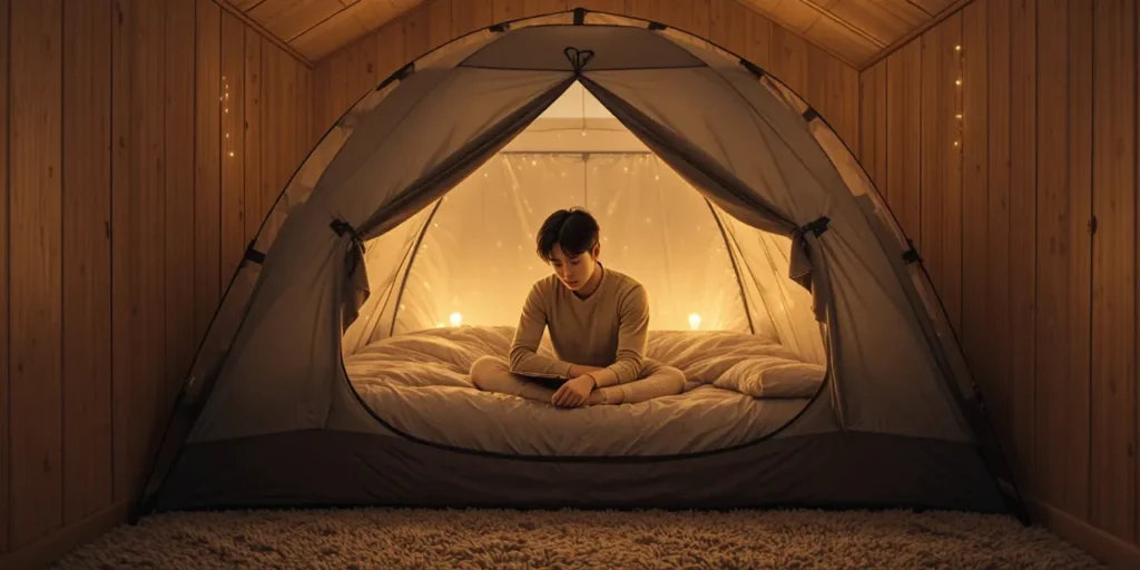 실내에서 단열 텐트를 설치하는 모습