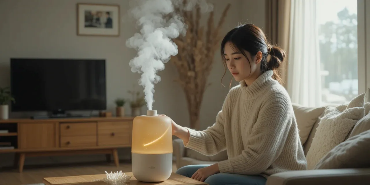 실내에서 가습기를 조정하는 여성의 모습