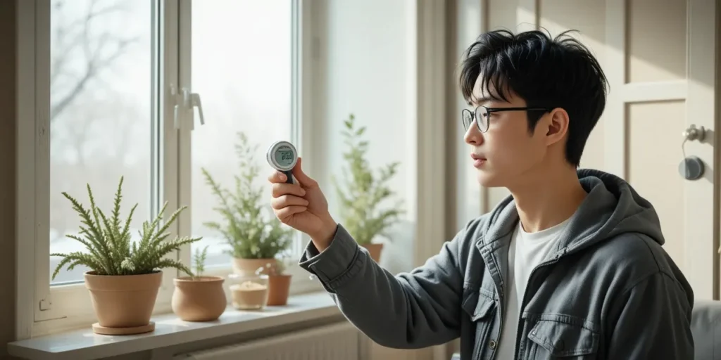 디지털 습도계로 실내 습도를 확인하는 모습