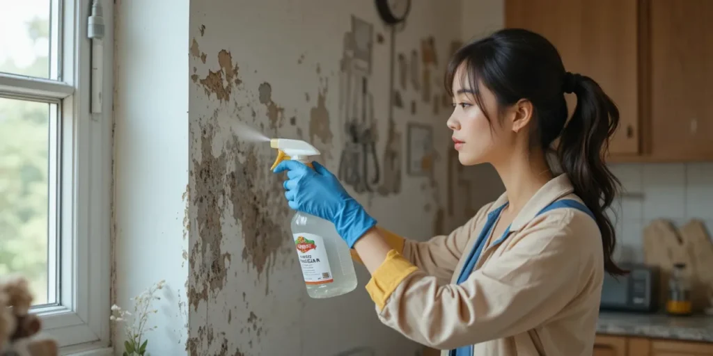 식초 스프레이로 벽면 곰팡이를 제거하는 여성의 모습