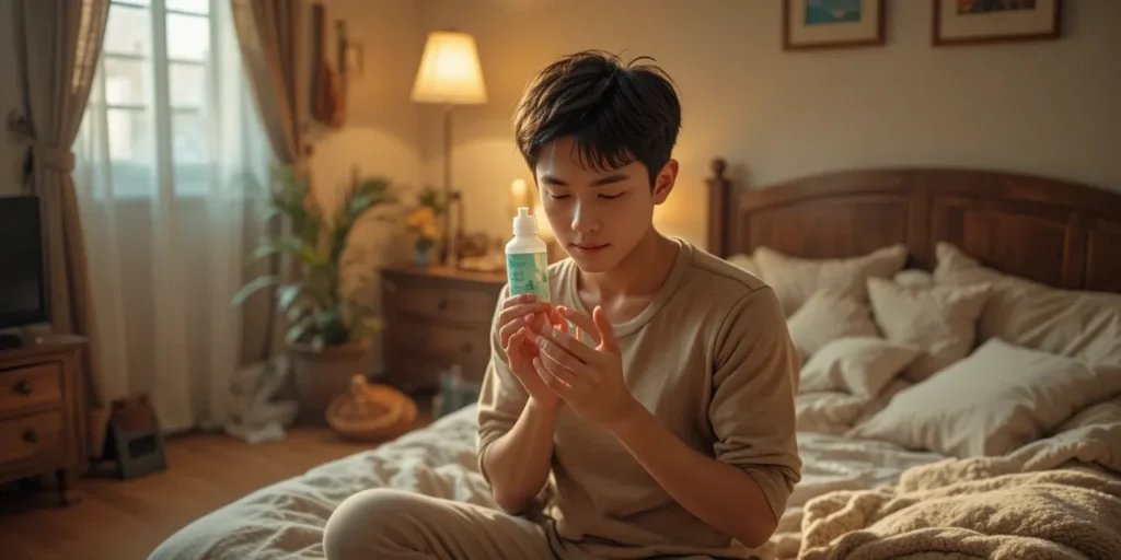 겨울철 실내에서 손에 보습제를 바르는 모습