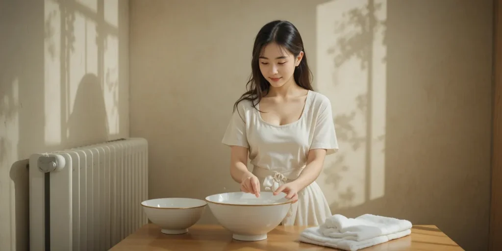 난방기 주변에 젖은 수건과 물을 두어 습도를 올리는 모습