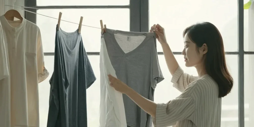 실내에서 빨래를 건조하고 있는 주부의 모습