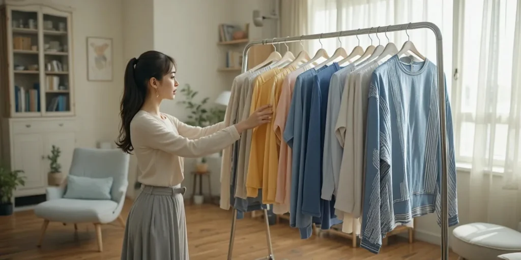 건조대 위 빨래 상태 확인하는 모습