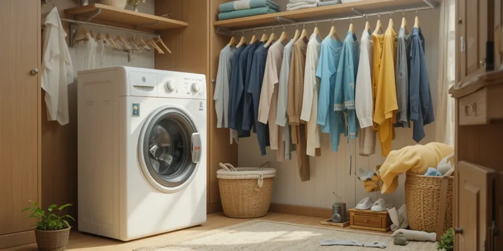 제습기를 활용해 빨래를 건조하는 장면