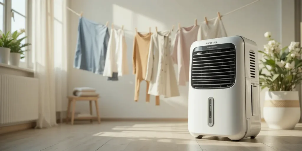 제습기 작동 중인 공간과 빨래 건조 모습