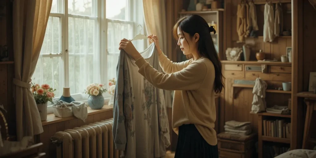 난방기 열로 빨래를 말리는 여성의 모습