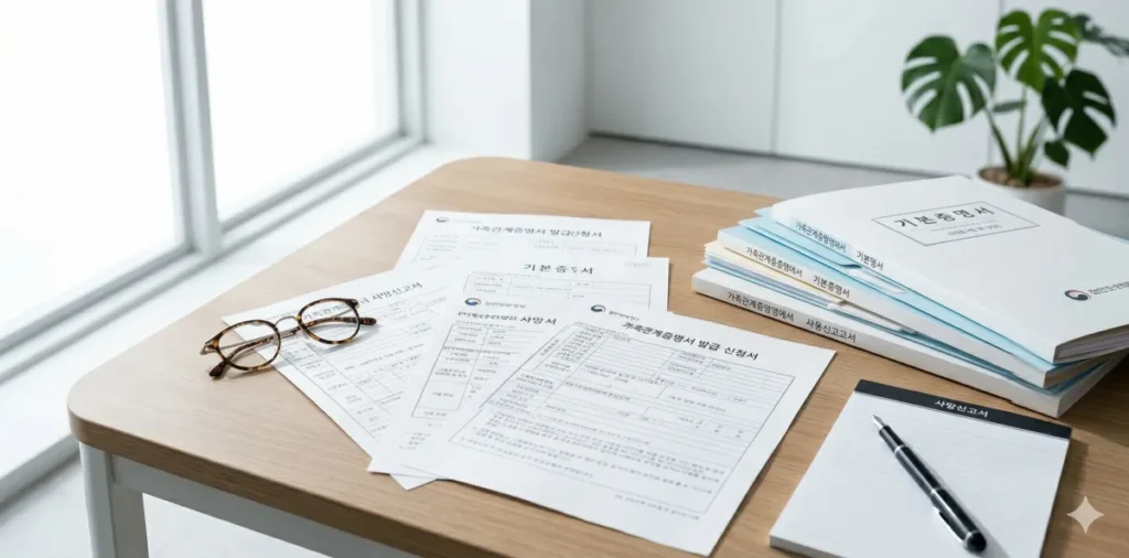 안경과 함께 깔끔하게 정리된 상속용 가족관계증명서 상세 서류들 모습
