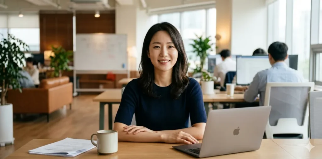 사무실에서 자신감 있는 미소로 카메라를 응시하는 여성의 모습