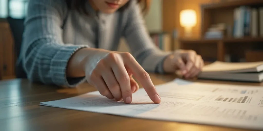 책상 위 증명서 서류의 문구를 손가락으로 짚으며 확인하는 모습