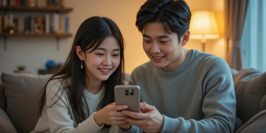 거실에서 스마트폰으로 가족 정보를 함께 확인하는 부녀 모습