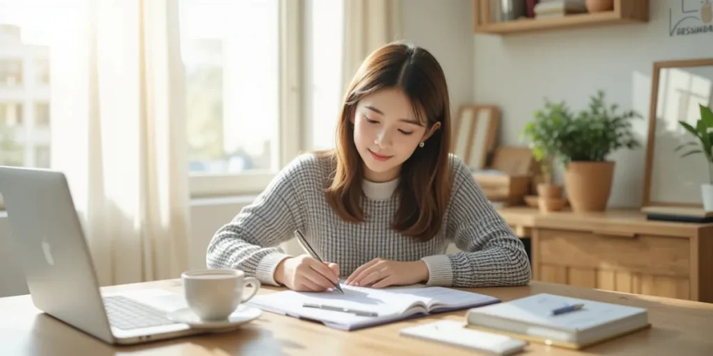 노트북 옆에서 발급 필수 사항을 메모하며 준비하는 여성의 모습