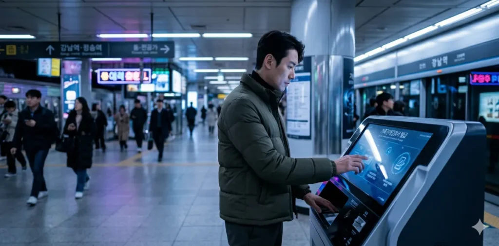 공공장소 무인민원발급기 스크린을 조작하는 남성의 모습