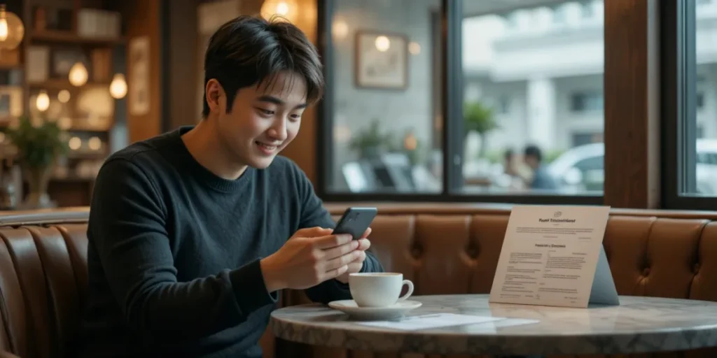 카페에서 스마트폰으로 가족관계증명서 종류 뭐가 다른지 확인하는 모습