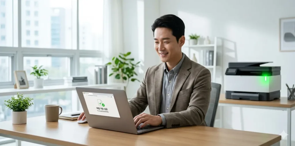 PDF 저장을 완료하고 프린터를 확인하는 남성 모습