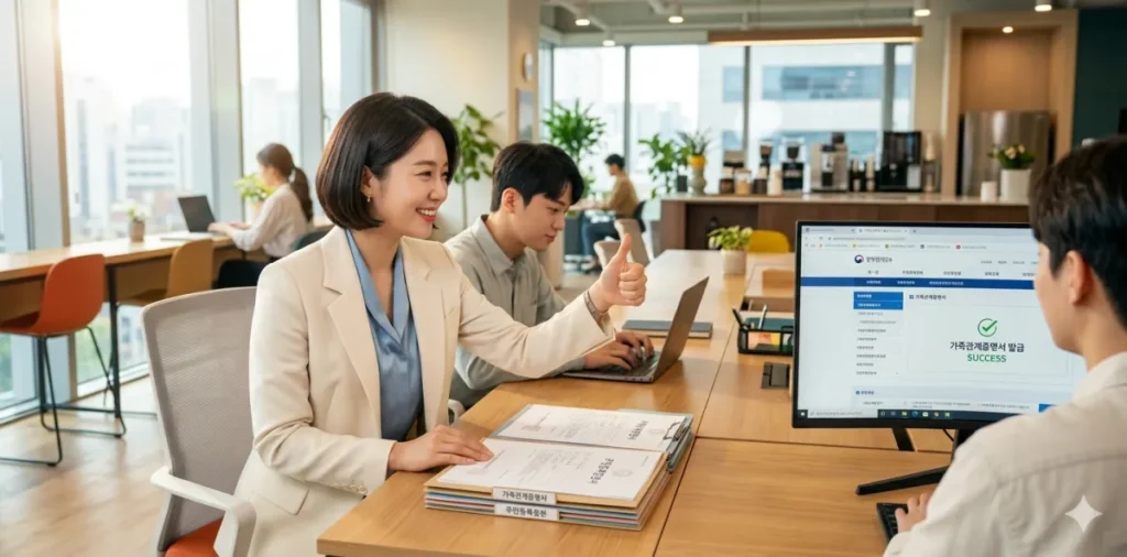 사무실에서 가족관계증명서 온라인 발급 성공 화면을 보며 환하게 웃는 여성의 모습