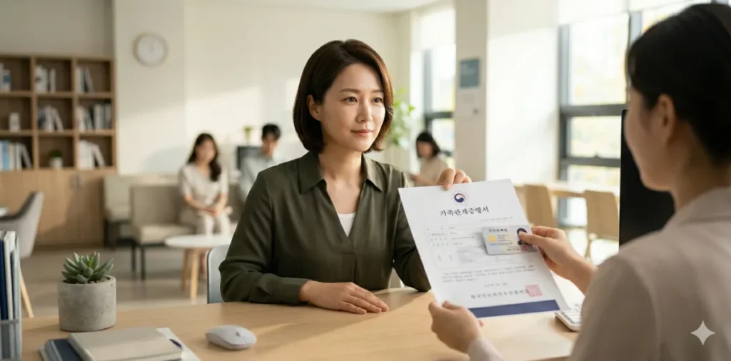 배우자 부모님 가족관계증명서 발급을 위해 민원창구에서 서류와 신분증을 제시하는 모습