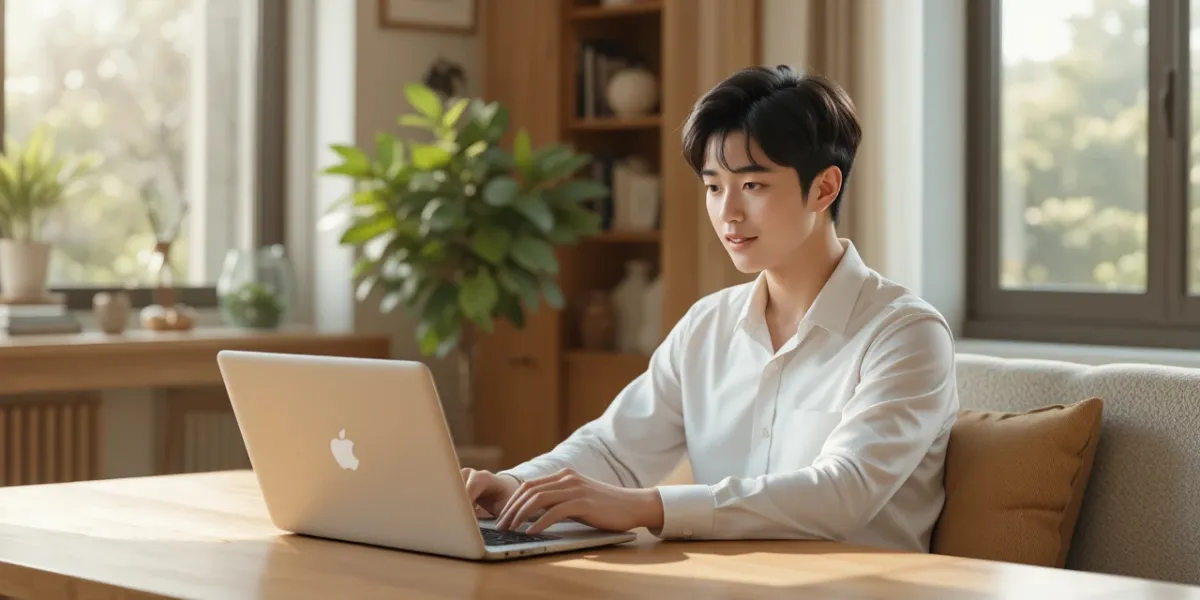 전입신고 인터넷 신청 방법 숙지를 위해 밝은 방에서 노트북을 사용하는 모습