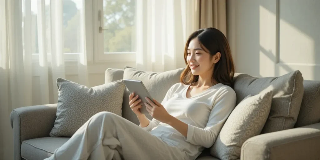 전입신고 인터넷 신청 방법 덕분에 거실 소파에서 편하게 민원 업무를 처리하는 모습