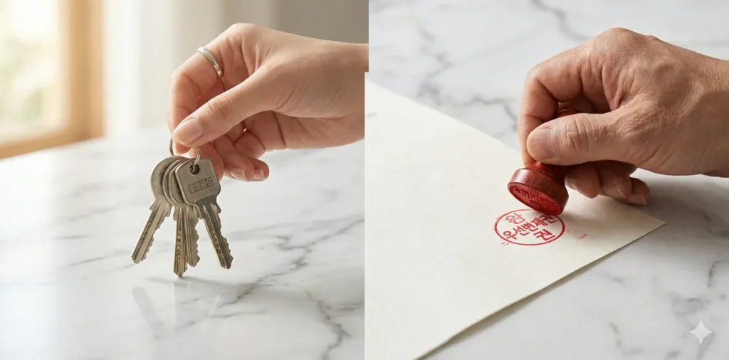 대항력 우선변제권 확보 시기 중요성을 상징하는 집 열쇠와 인감이 놓인 모습