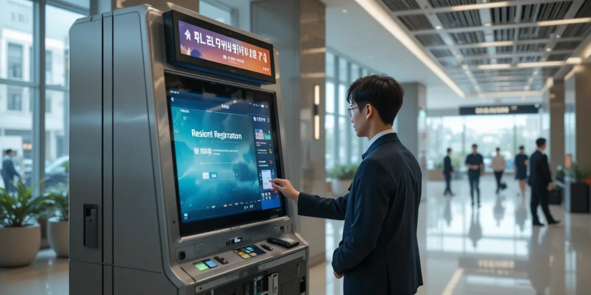 밝은 로비에 설치된 무인발급기를 이용중인 남성의 모습