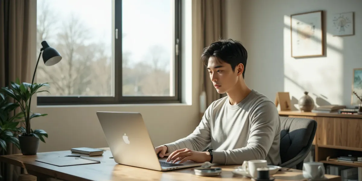 노트북으로 서류 신청 정보를 확인하는 남성의 모습