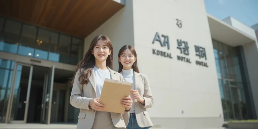 발급 완료된 서류 봉투를 들고 밝은 표정으로 걸어오는 여성의 모습