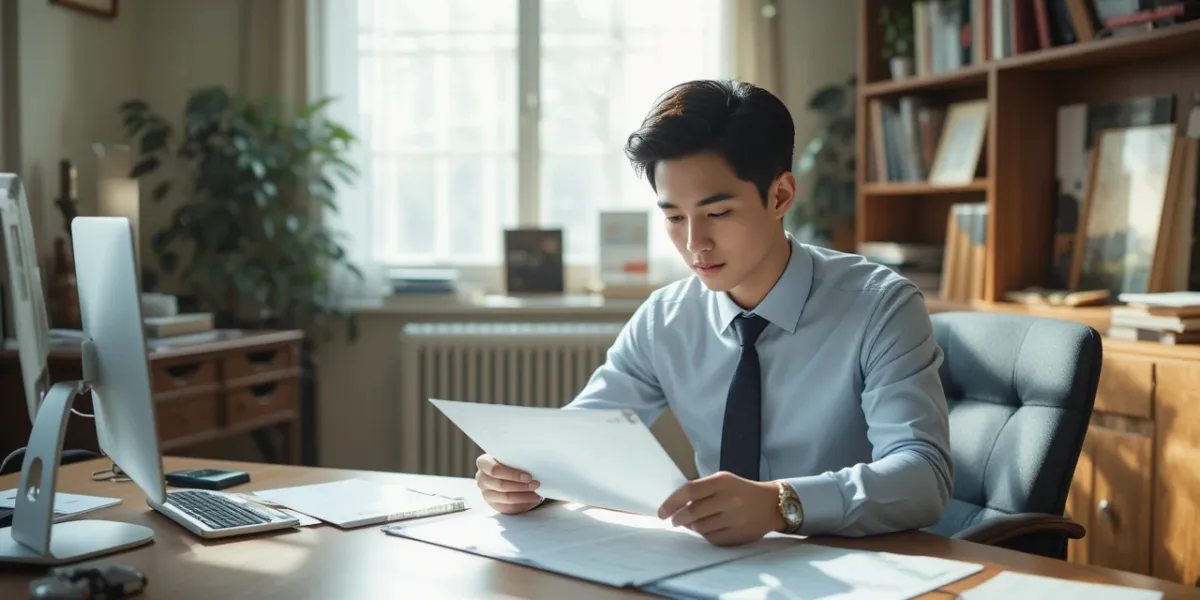 책상에서 서류를 꼼꼼하게 검토하고 있는 남성의 모습