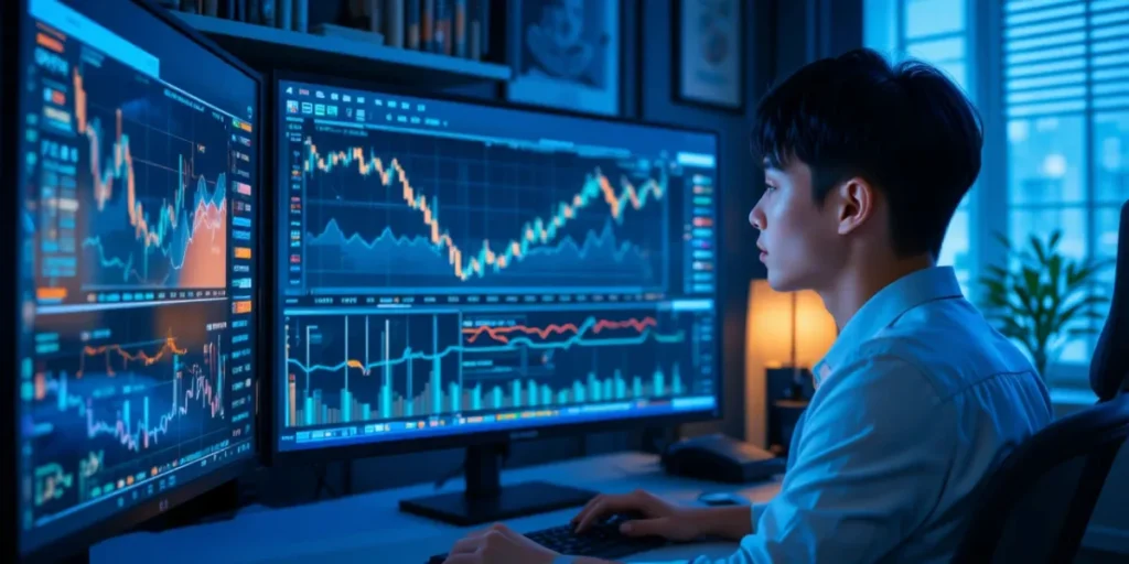모니터로 금융 차트를 분석하며 금융소득종합과세 대상 여부를 확인하는 모습
