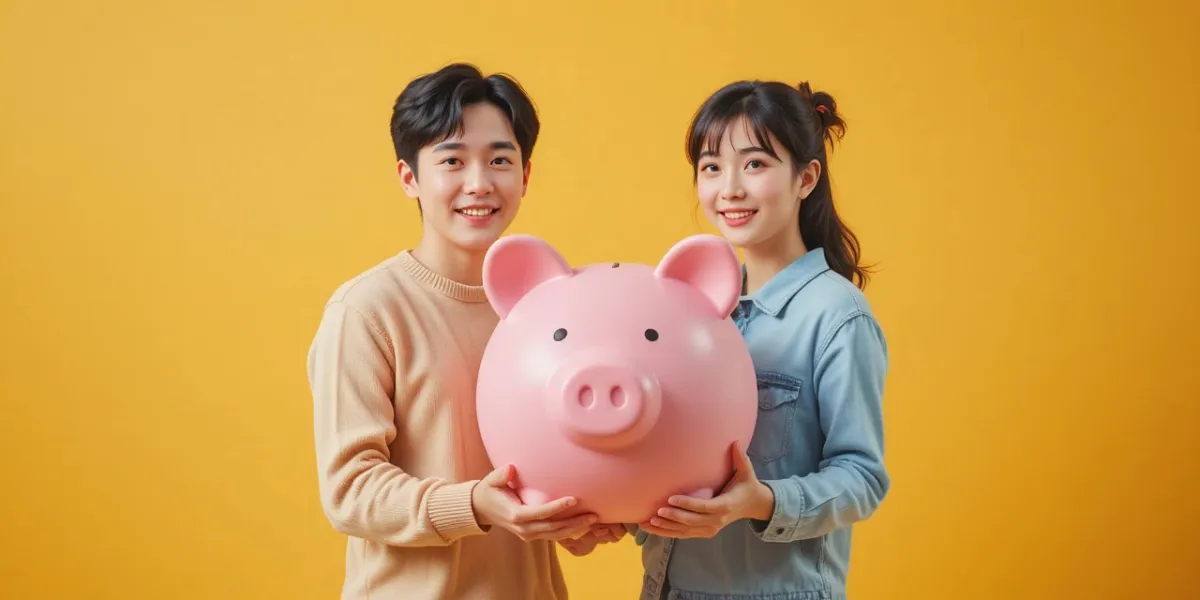 커다란 돼지 저금통을 든 청년 남녀 모습