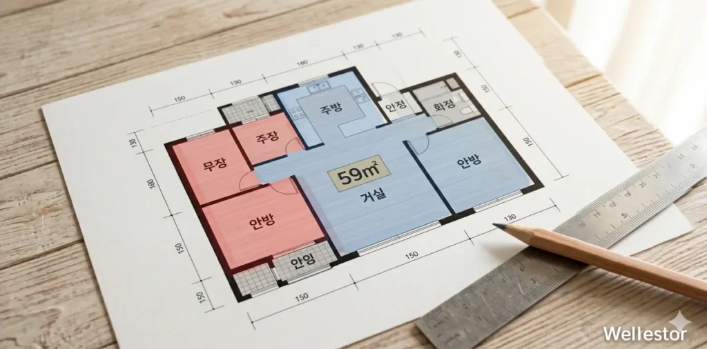 도면 위에 주거 공간과 공용 공간이 구분된 전용면적과 공급면적 차이를 나타내는 평면도 모습