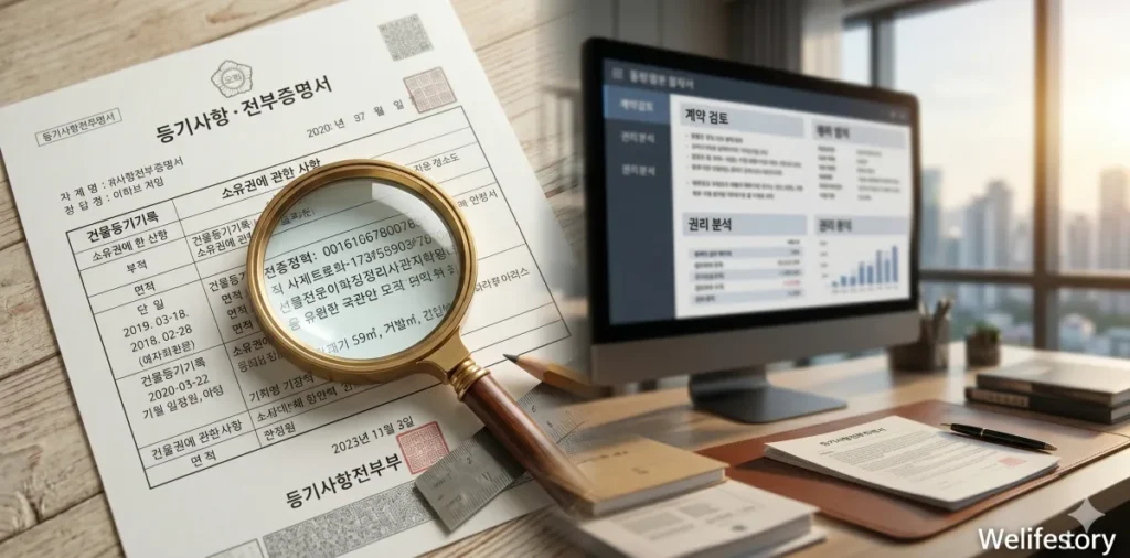 돋보기로 부동산 등기 서류의 면적 수치를 검토하는 모습