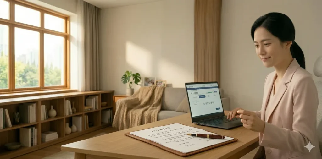 책상에서 만년필을 이용해 보증금 보호를 위한 안전 특약을 계약서에 기입하는 모습