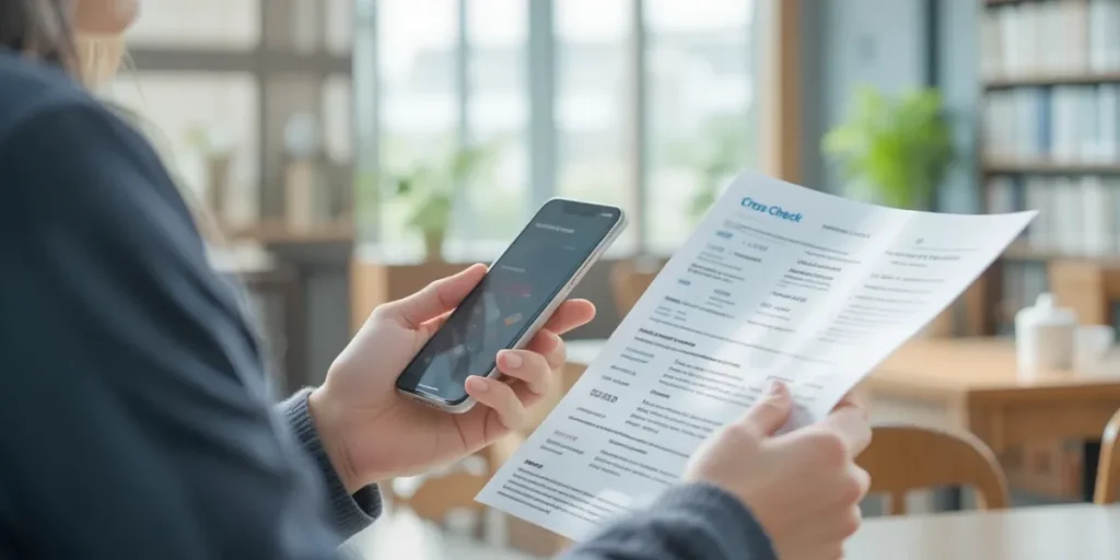 부동산 등기부등본 교차 검증 위해 휴대폰 정보와 종이 서류를 비교하는 모습