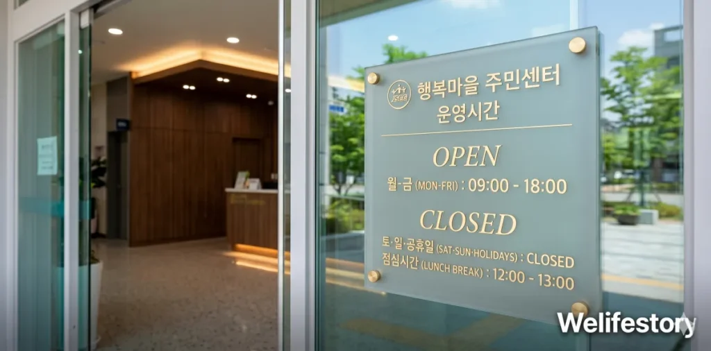 행정복지센터 운영시간 안내 표지판 근접 촬영