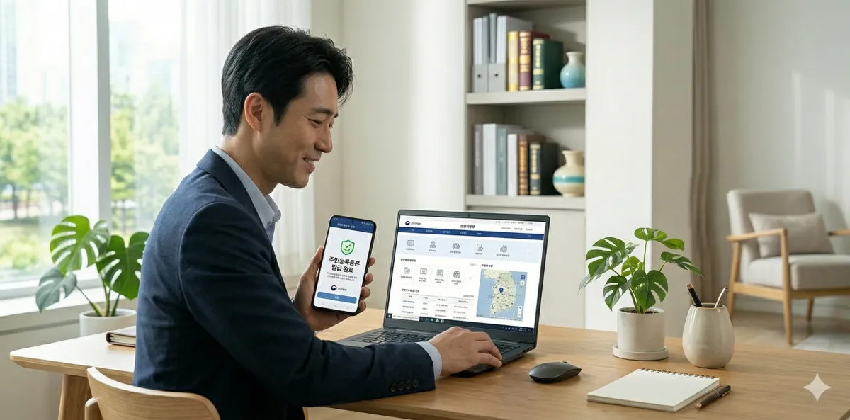 정부24 전입신고 세대주 확인 방법 안내를 보며 노트북 작업을 하는 모습