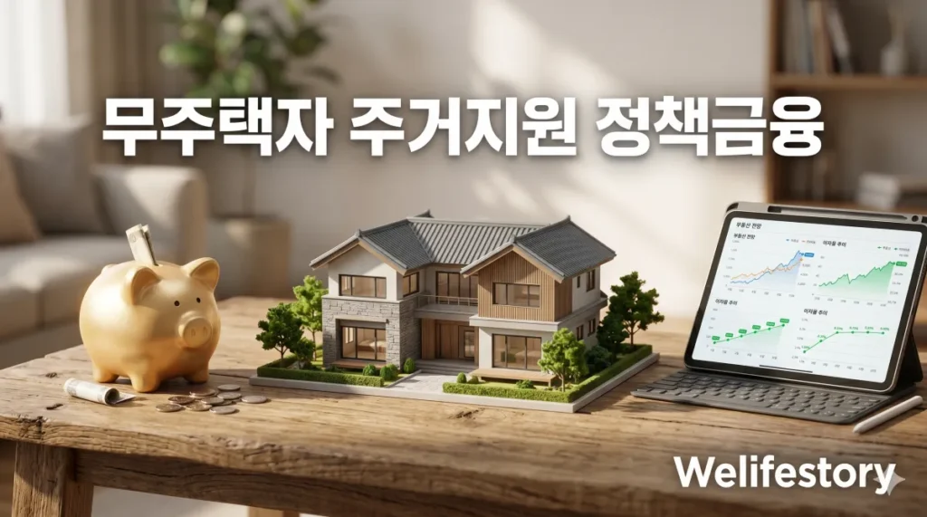무주택자 주거 지원 정책 금융 제목이 강조된 집 모형과 저금통 모습