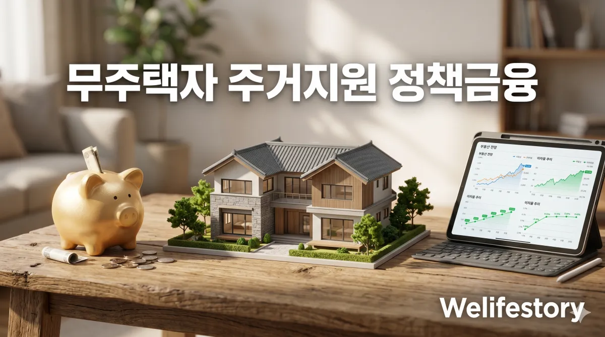 무주택자 주거 지원 정책 금융 제목이 강조된 집 모형과 저금통 모습