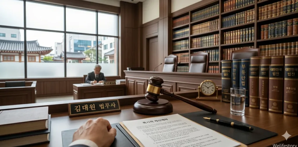 부동산 중개수수료 분쟁 판례를 검토중인 법무사 사무실 모습