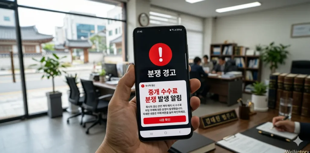 스마트폰 화면에 복비 분쟁 관련 경고 메시지가 떠 있는 모습