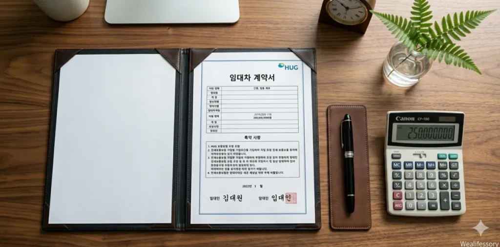 책상 위에 계약서와 계산기가 있는 상태에서 계약 준비를 하는 모습