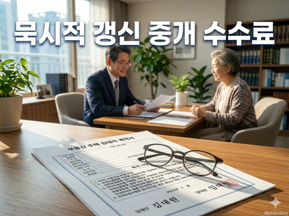 묵시적 갱신 중개 수수료 한글 타이틀이 강조된 부동산 중개업소 책상 위 계약서 모습