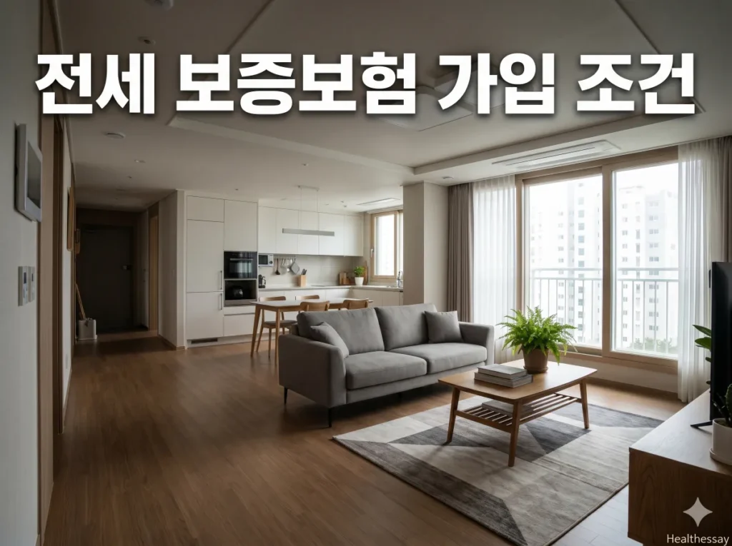 전세 보증보험 가입 조건 타이틀이 적힌 깨끗하고 현대적인 아파트 거실 전경