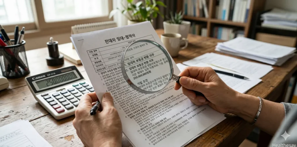 책상에서 임대차 계약서의 세부 조항을 꼼꼼히 살피는 모습