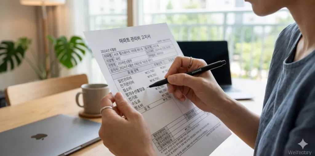 관리비 고지서에서 장기수선충당금 항목을 펜으로 가리키는 모습