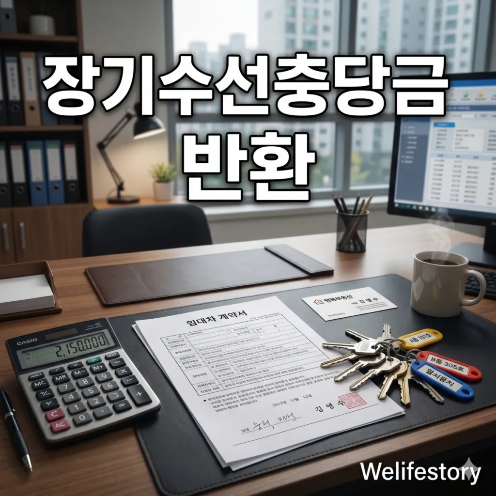 책상 위 장기수선충당금 반환과 관련된 부동산 서류와 열쇠 모습